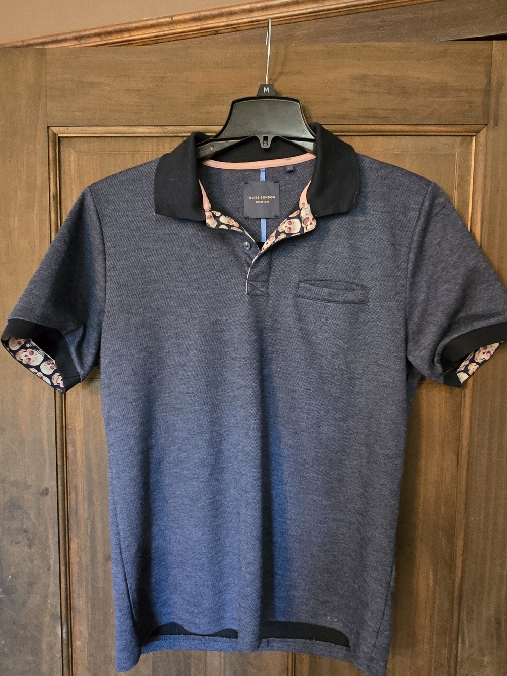 O Men's Navy Polo with Black Contrast Skull Images Collar - Large